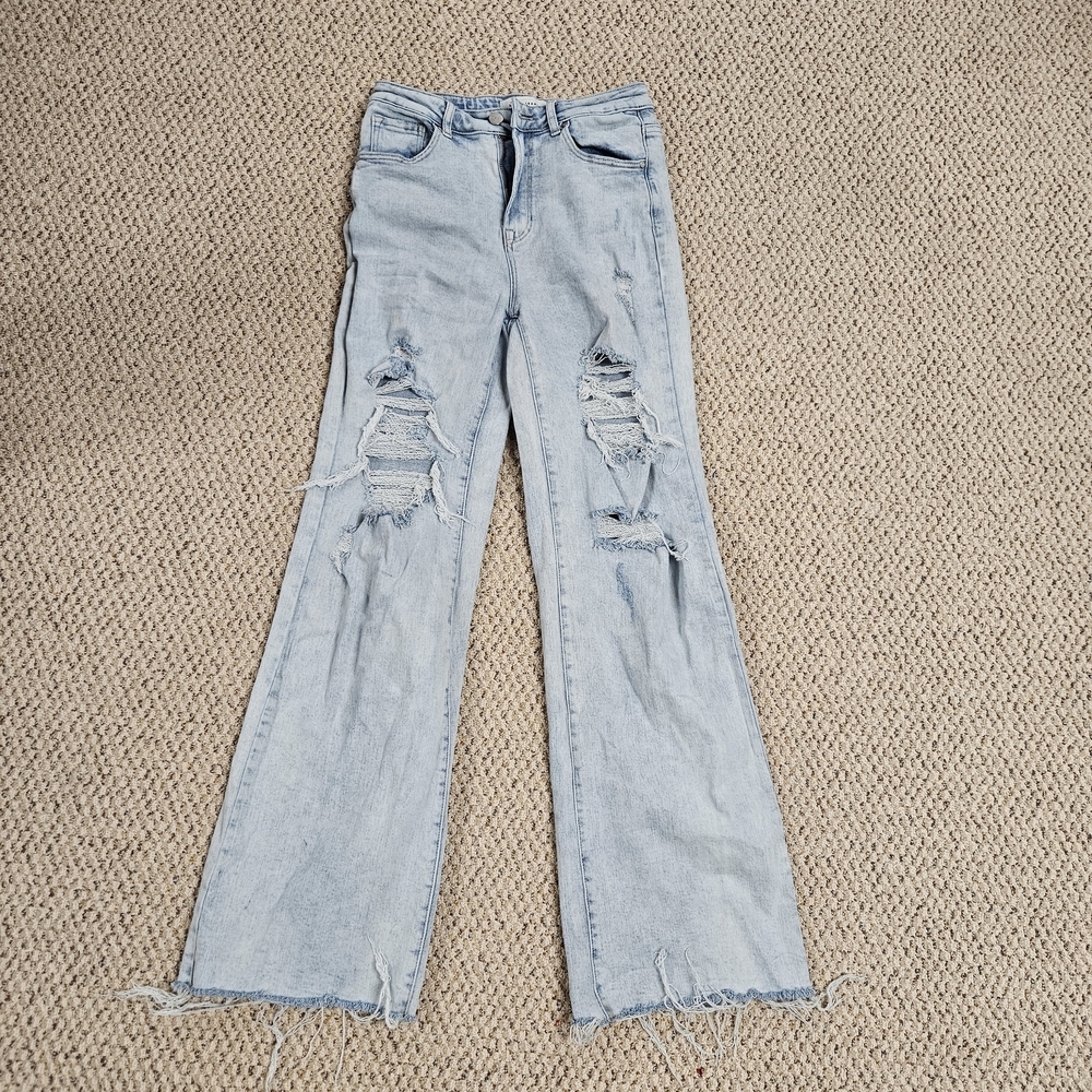 Risen Jeans Womens 7 Blue High Rise Wide Leg Light Wash  Distressed Raw Hem Boho